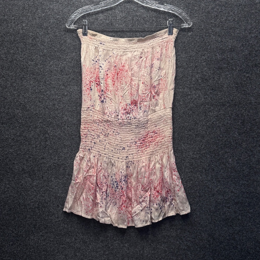 Rays for Days Strapless Mini Dress Womens XS Cream Red Splatter Boho Smocked 820